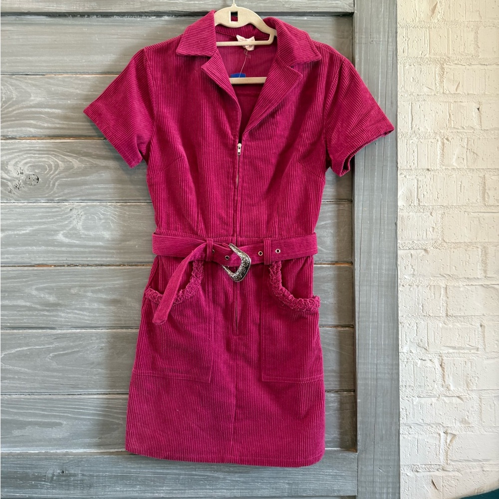 Belted Corduroy Dress in Deep Pink